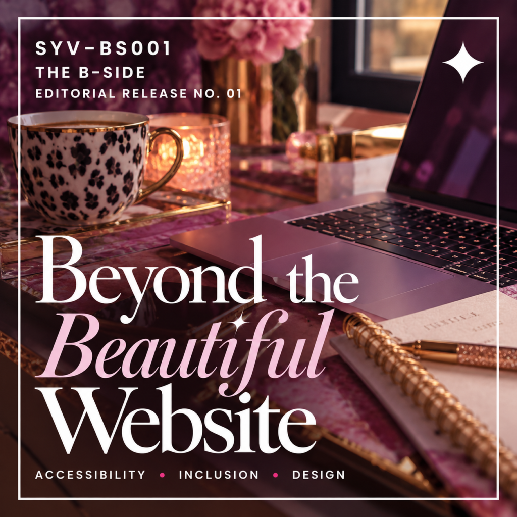 Beyond the Beautiful Website. Accessibility, Inclusion, Design. Photograph of a laptop, coffee cup, and notebook on a pink and plum desk.